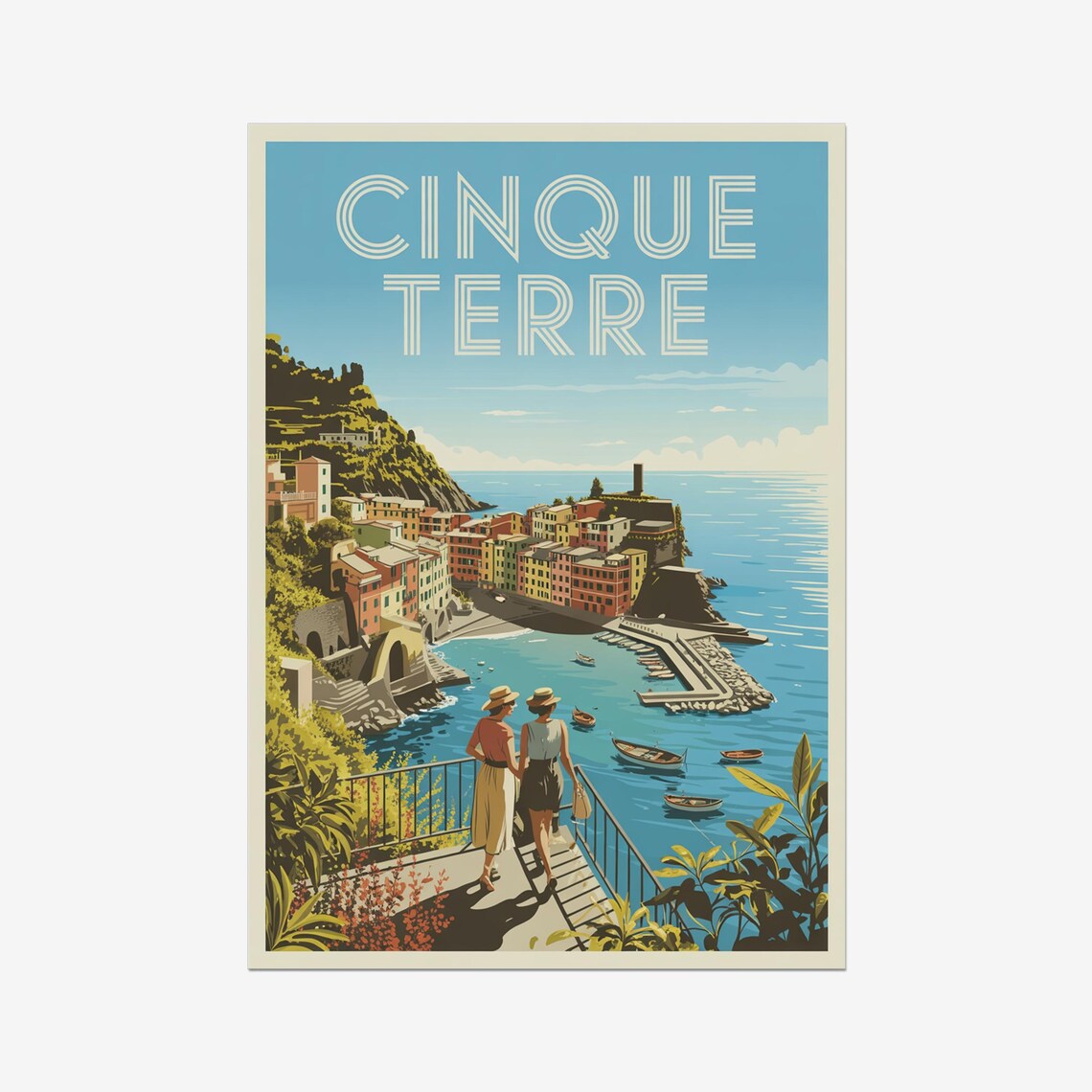 Cinque Terre Italy Colorful Cliff Village Sea View Retro Travel Poster