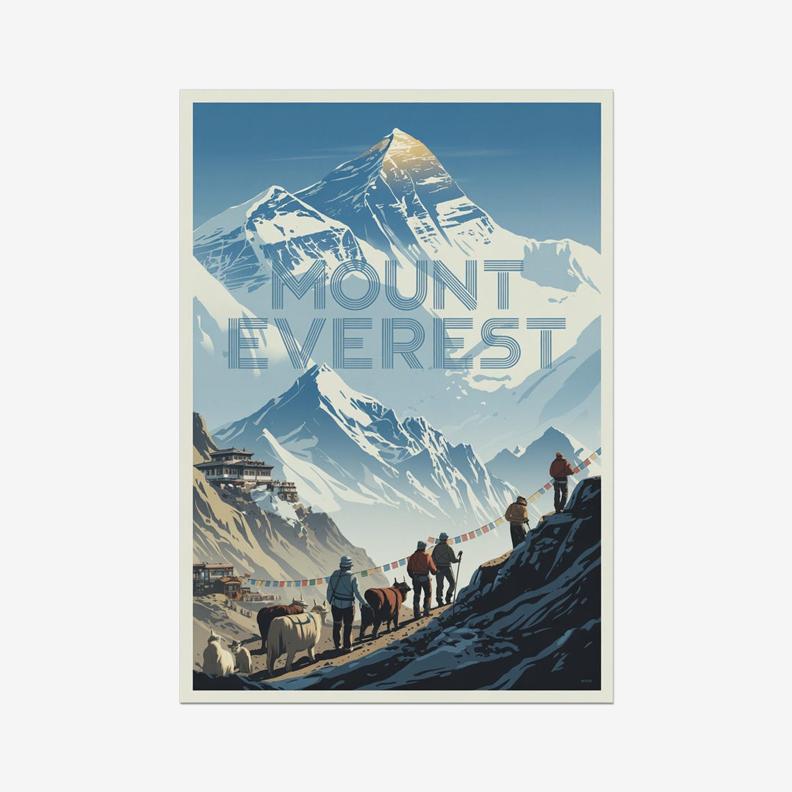 Mount Everest Himalayas Trekkers Prayer Flags Vintage Travel Poster
