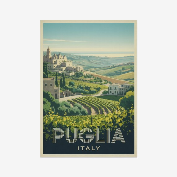 Puglia Italy Vineyard Hills Stone Town Vintage Travel Poster