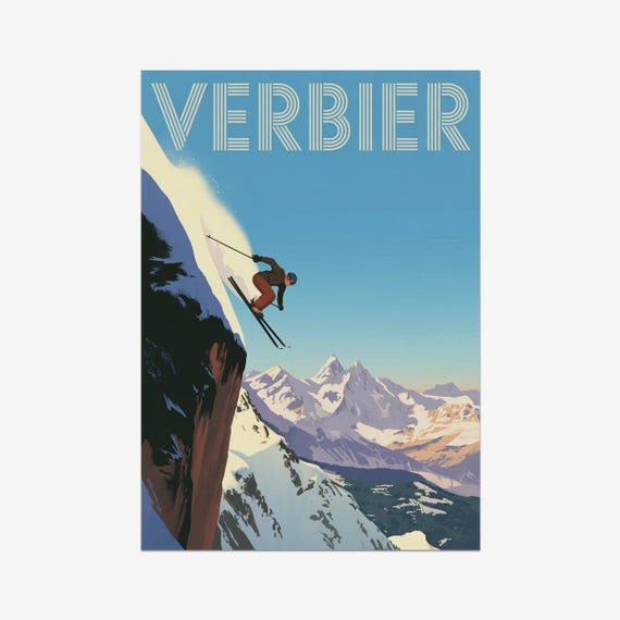 Verbier Vintage Travel Poster Skiing Switzerland