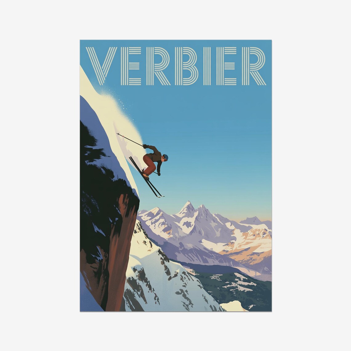 Verbier Switzerland Ski Jump Steep Slope Vintage Skiing Travel Poster