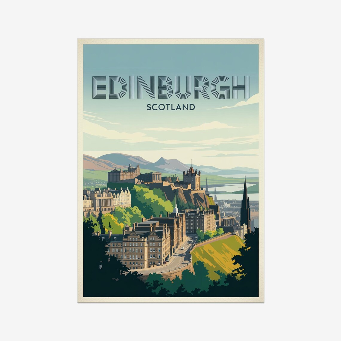 Edinburgh Scotland Castle Rock Old Town Vintage Travel Poster