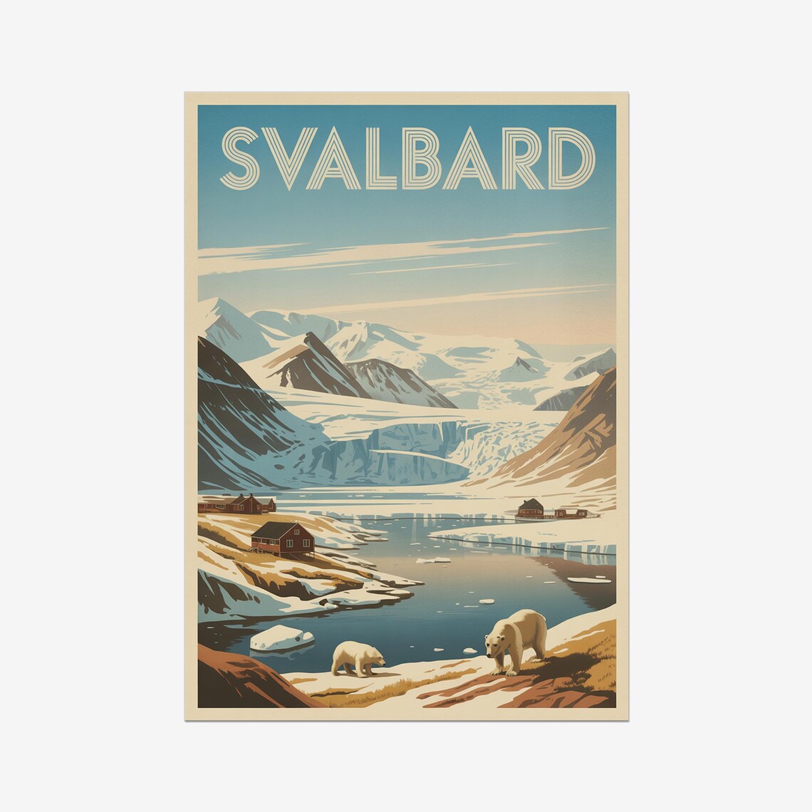Svalbard Arctic Glacier Polar Bears Red Cabins Vintage Travel Poster