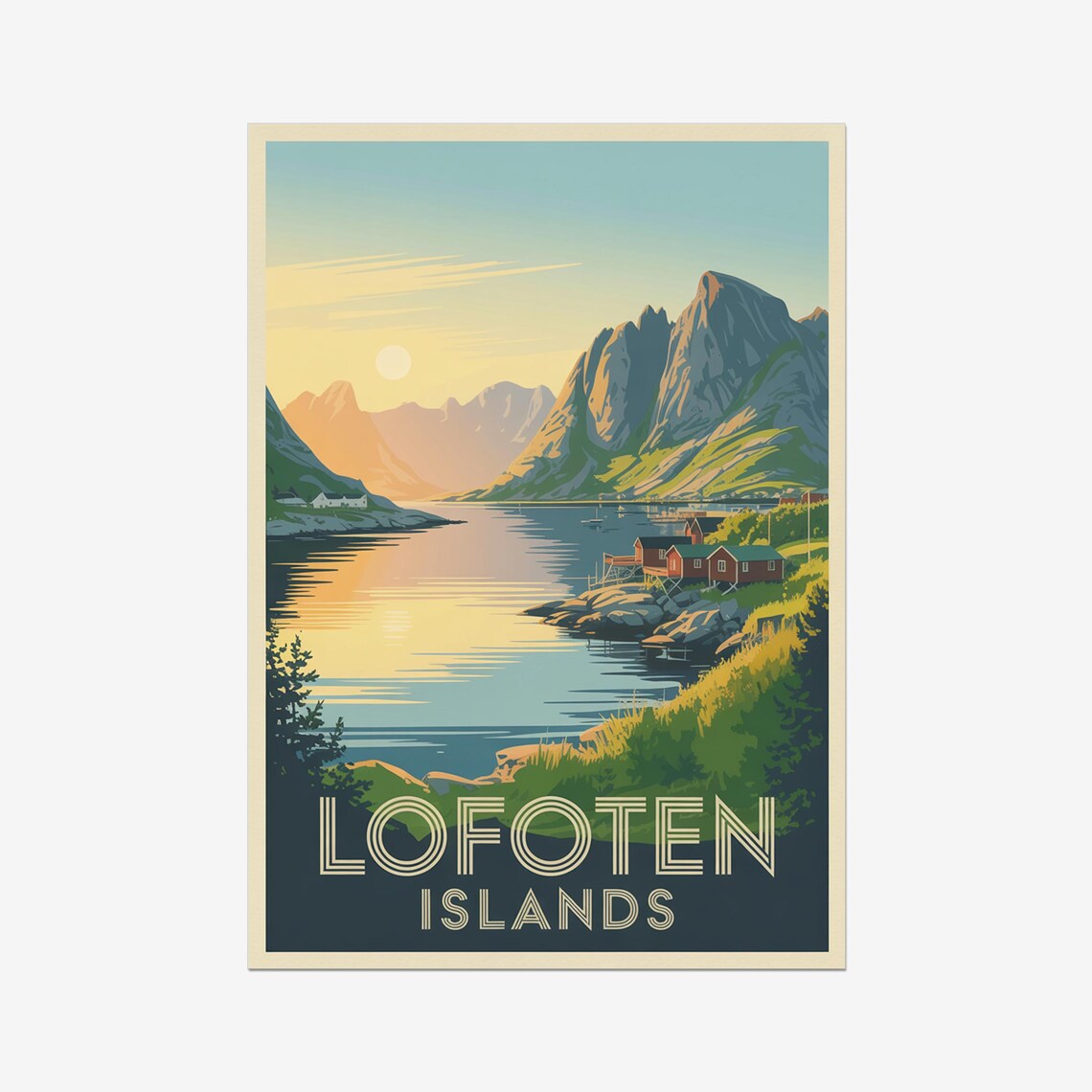 Lofoten Islands Norway Fjord Cabins Sunset Vintage Travel Poster