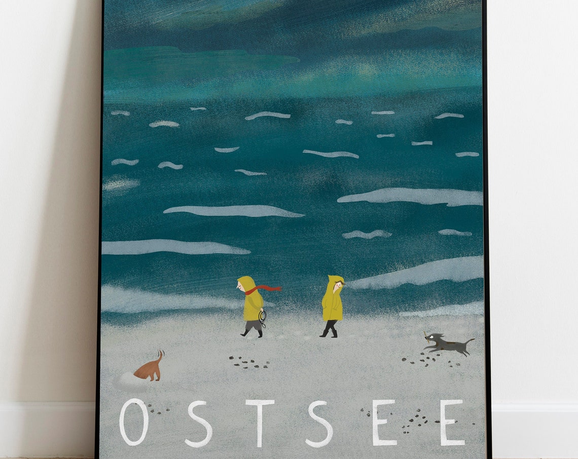 Ostsee Baltic Sea Windy Beach Raincoat Walk Moody Travel Poster