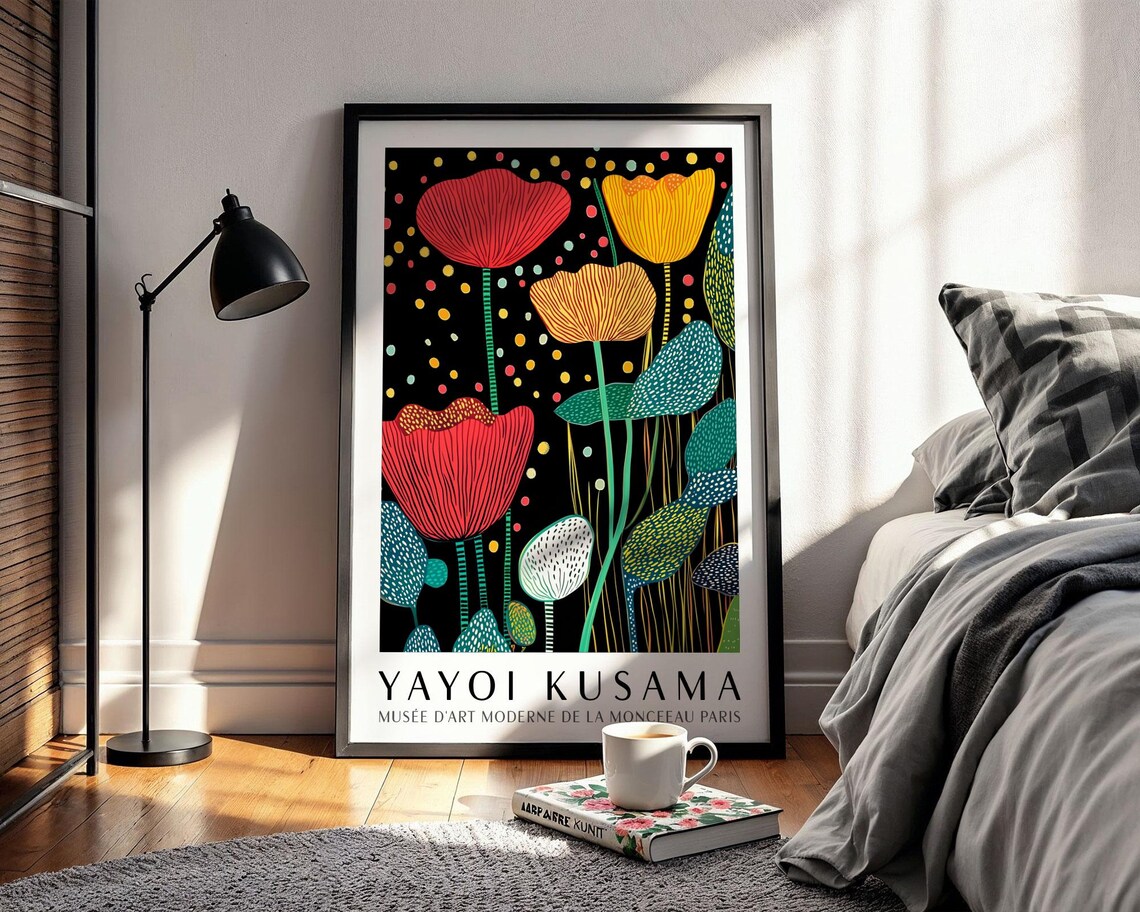 Yayoi Kusama Red and Yellow Poppy Flowers on Black Museum Poster - Image 2