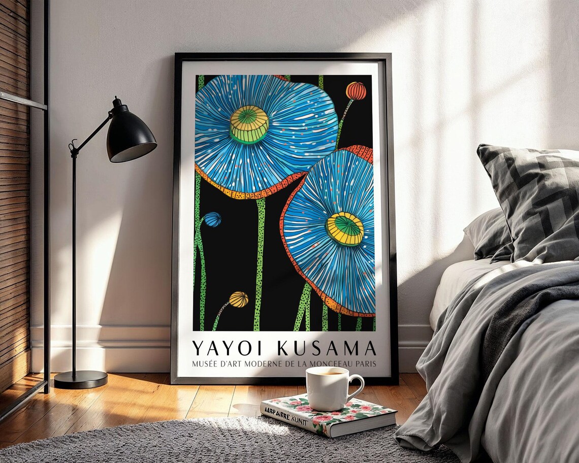 Yayoi Kusama Vivid Blue Poppy Flowers on Black Museum Poster - Image 2