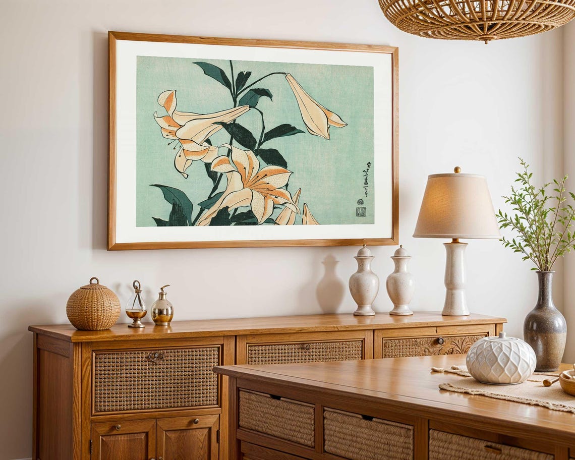 Katsushika Hokusai Print Lilies Wall Art Japanese Ukiyo E Art Vintage Japan Wall Decor Woodblock Style Japandi Print - Image 3