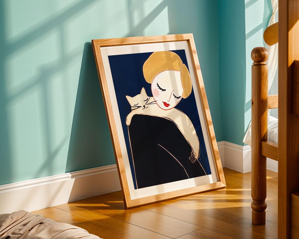Blonde Woman Holding White Cat Navy Blue Modern Portrait Poster - Image 5