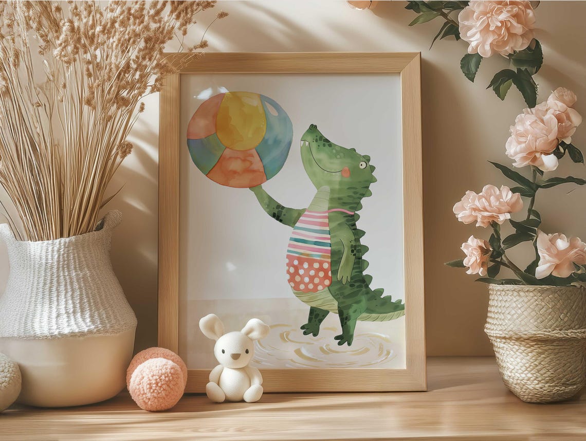 Cute Happy Crocodile In Striped Swimsuit With Beach Ball Poster - Image 5