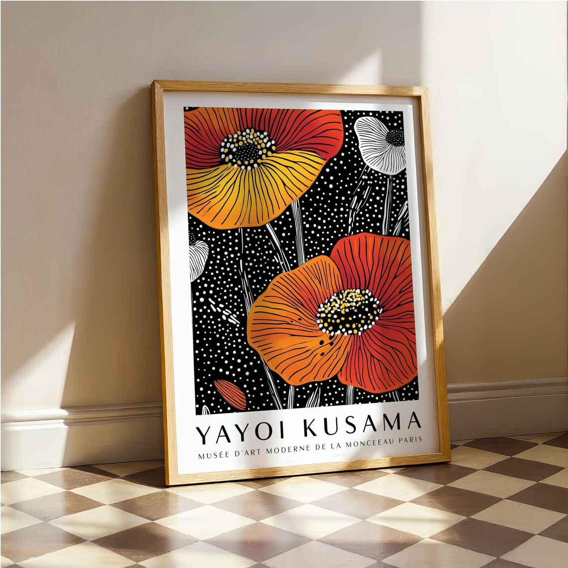 Yayoi Kusama Fiery Red Poppy Flowers on Black Dotted Museum Poster