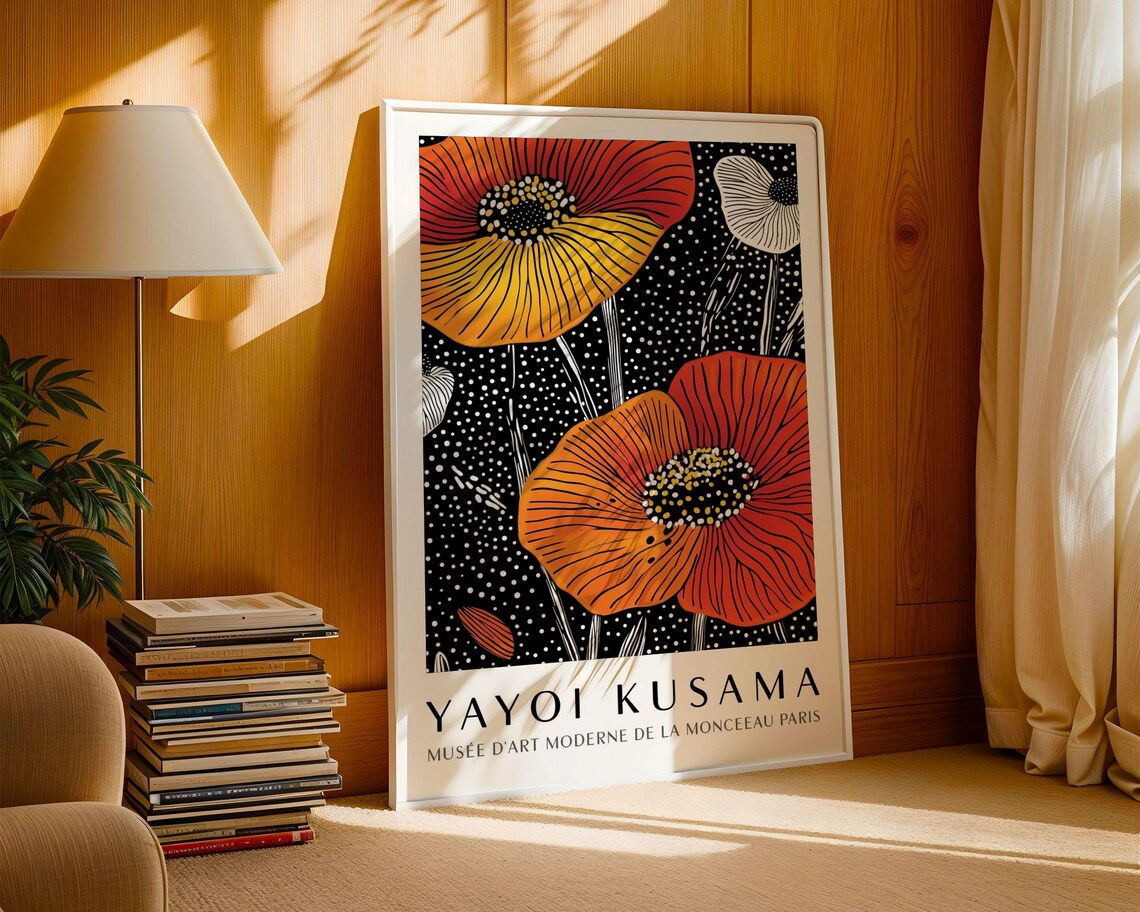 Yayoi Kusama Fiery Red Poppy Flowers on Black Dotted Museum Poster - Image 3