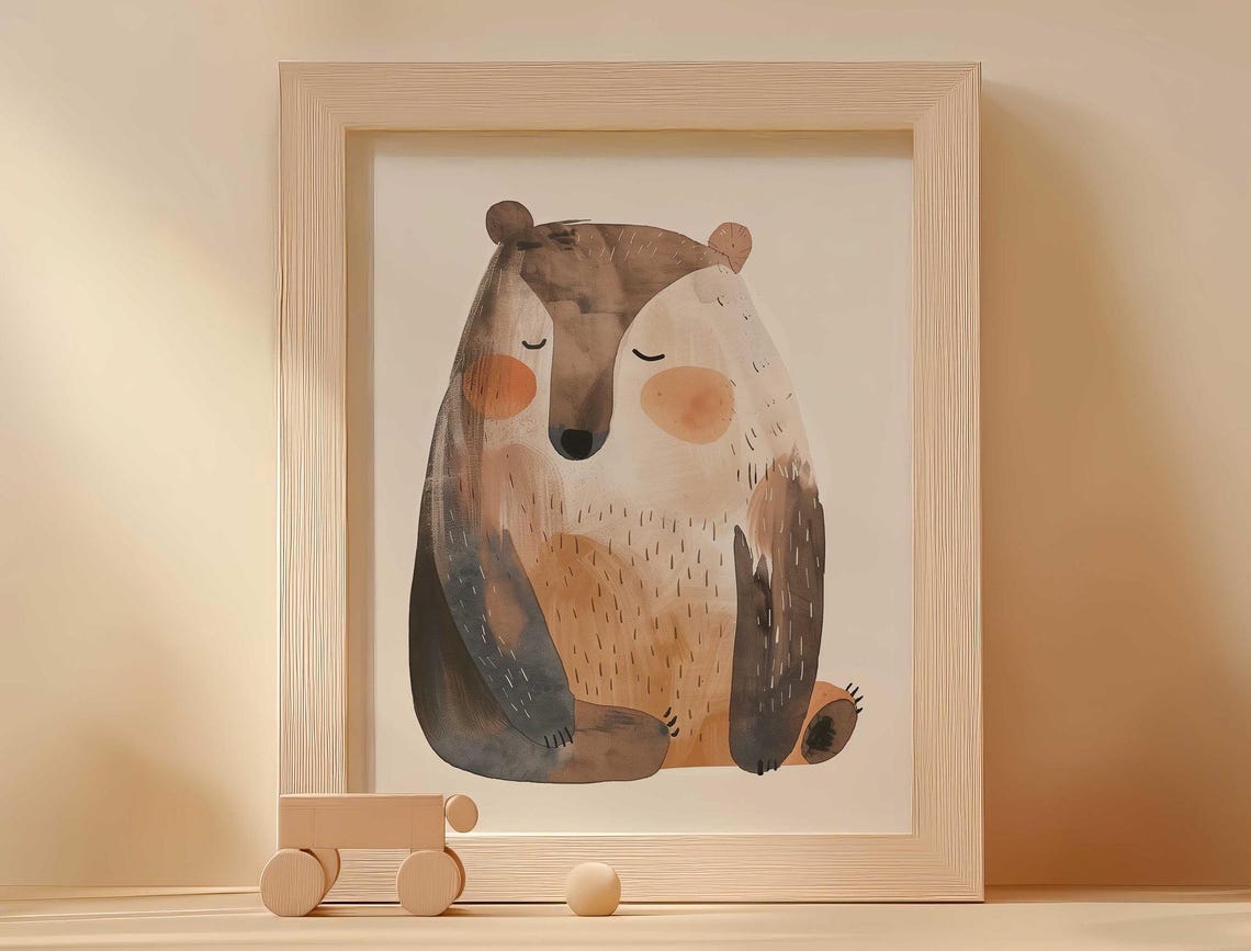 Sleepy Watercolor Bear Resting Peacefully Cozy Nursery Poster