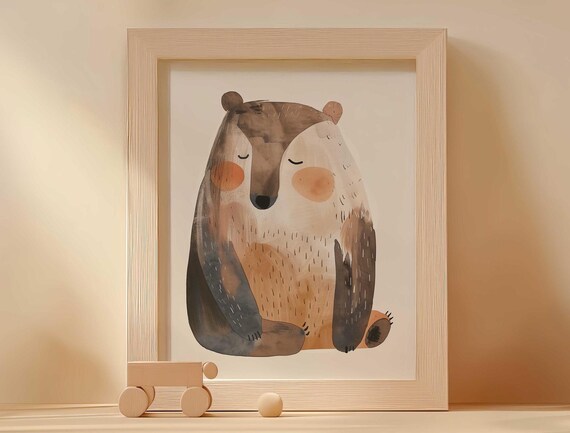 Sleepy Watercolor Bear Resting Peacefully Cozy Nursery Poster
