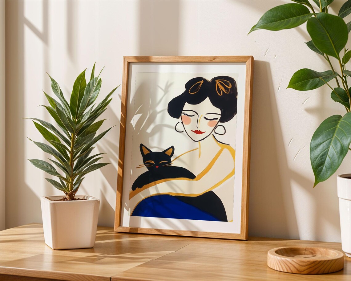 Elegant Dark Haired Woman Holding Black Cat Modern Portrait Poster - Image 6
