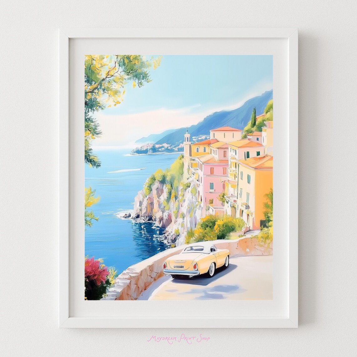 Amalfi Coast Retro Car Travel Poster, Italy Decor