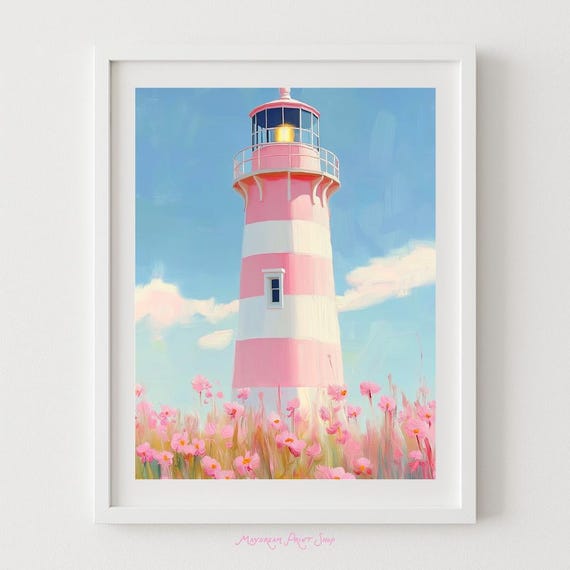 Pink Lighthouse Coastal Preppy Art Stripes Floral Dreamy Beach Decor Cottage Girls Room