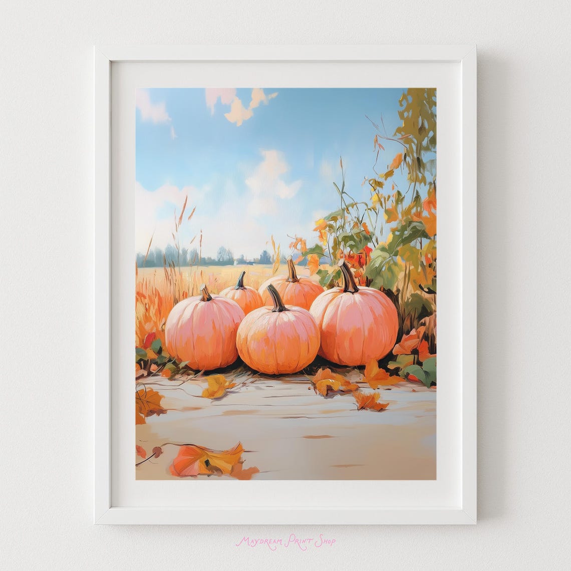 Fall Pumpkin Farm Art Autumn Painting Orange Home Decor Instant Halloween Print