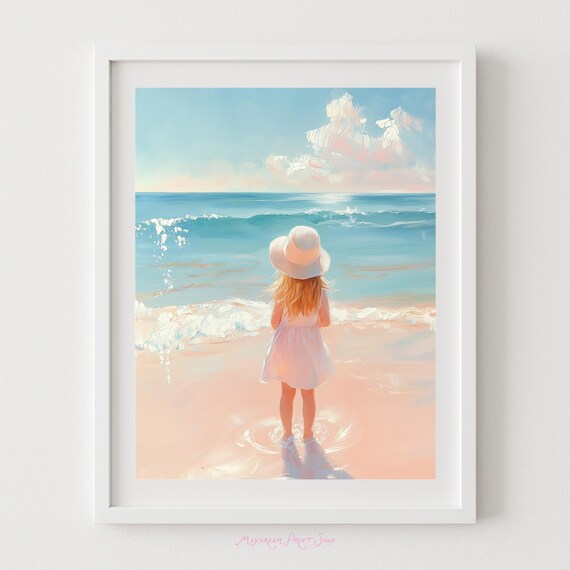 Beach Girl Art Pastel Coastal Wall Little On The Seashore In A Hat Poster Young Girls Bedroom Nursery Decor