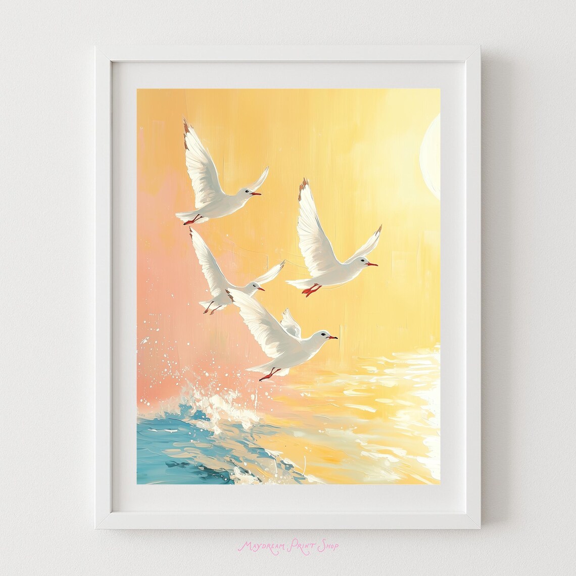 Seagulls Over Ocean Sunrise, Coastal Art Print