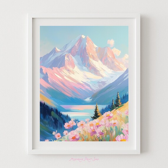 Pastel Snowy Alpine Mountain Lake Pink Wildflowers Painting Poster