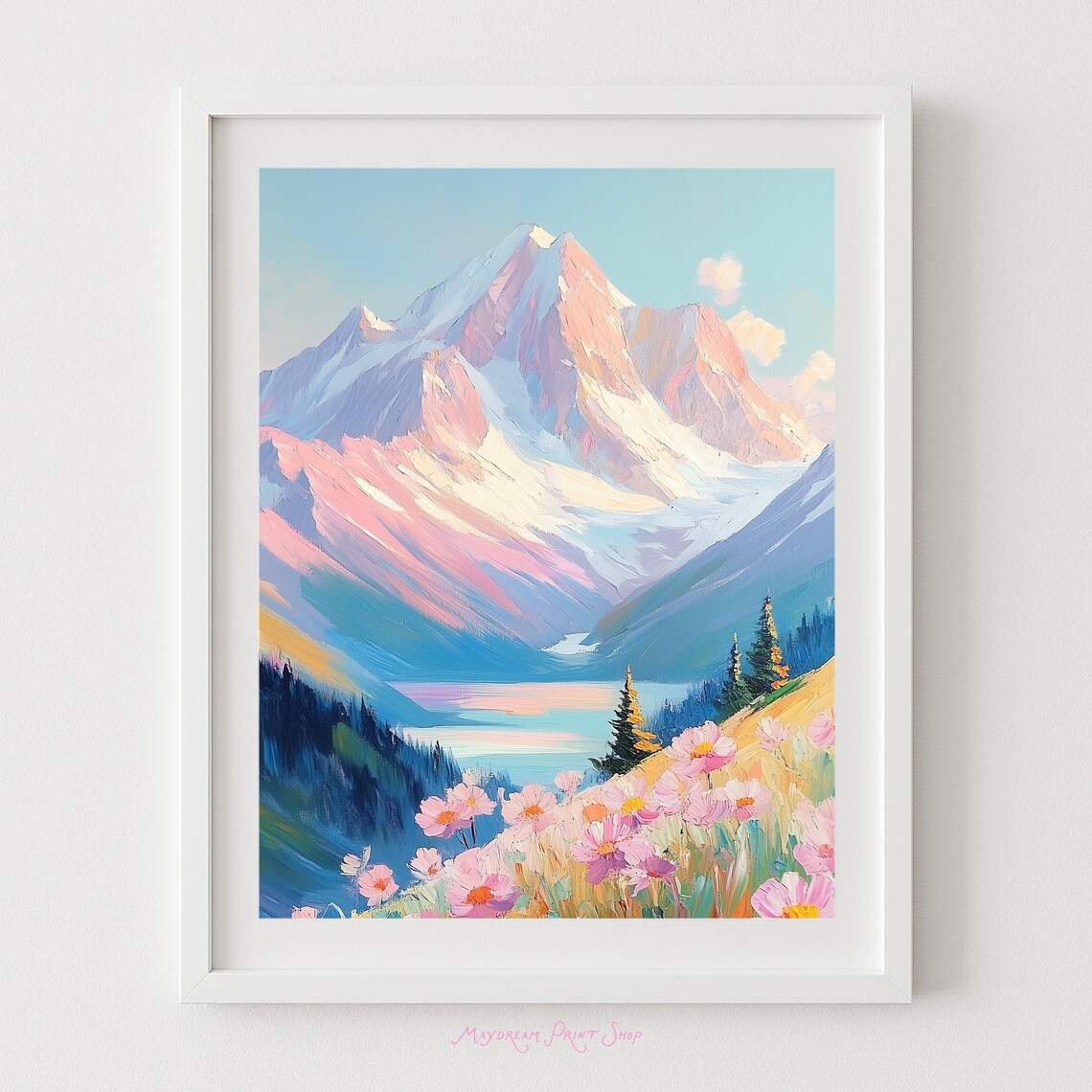 Pastel Snowy Alpine Mountain Lake Pink Wildflowers Painting Poster