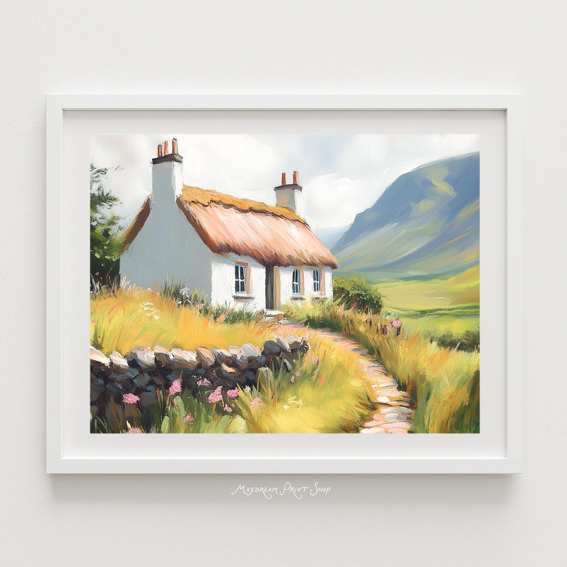 Scottish Highlands Thatched Cottage Stone Wall Glen Art Poster