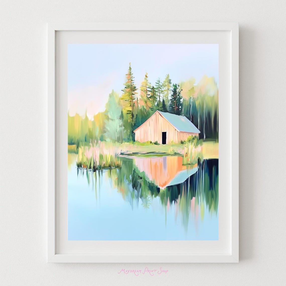 Lakeside Cabin Reflection Wetland Meadow Landscape Art Print