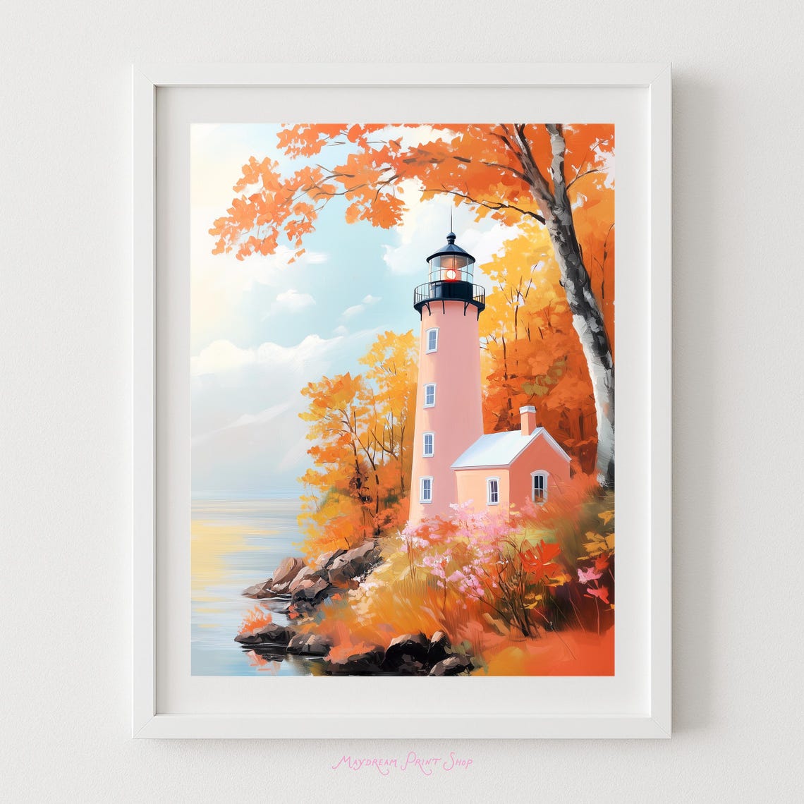 Autumn Lighthouse on Rocky Coast Fall Leaves Coastal Art Poster