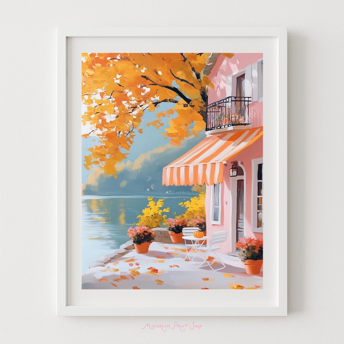 Autumn Pink Lakeside Cafe Terrace Fall Foliage Painting Art Poster