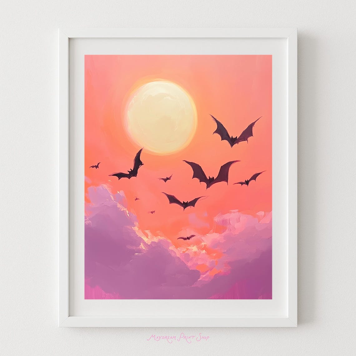Halloween Bats Flying Under a Pink Moon Spooky Sky Painting Poster