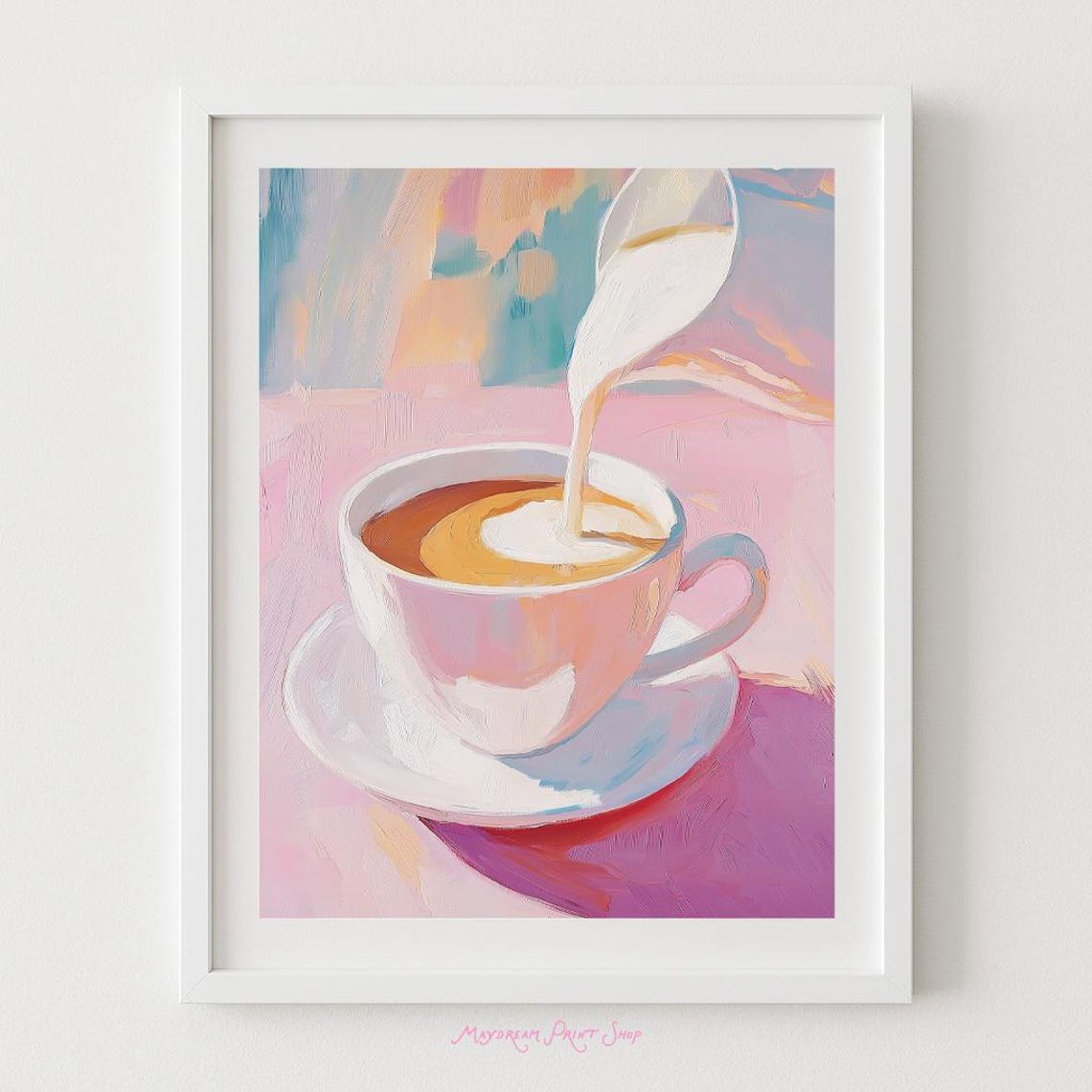 Creamy Pastel Latte With Milk Being Poured Into Coffee Cup Art Print