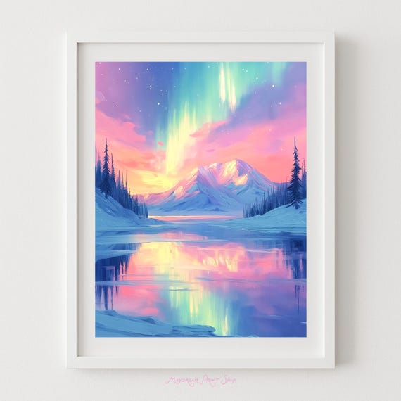 Aurora Borealis Art Landscape Painting Of The Northern Lights Reflection Snowy Mountain Decor Arctic