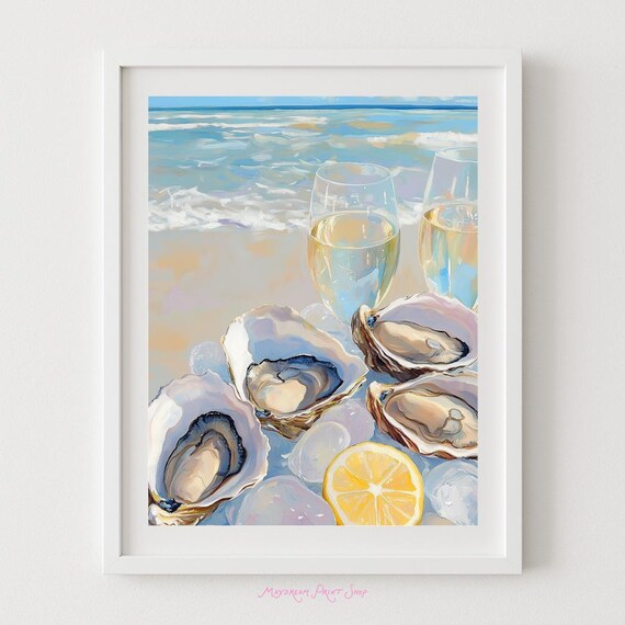Oysters and White Wine Beach Shore Ocean Still Life Art Poster
