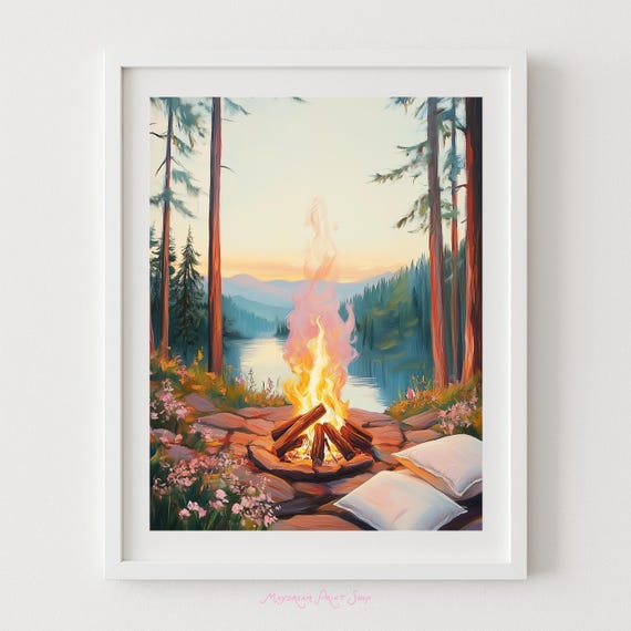 Campfire Art By The Lake Cozy Fireside Sunset Glamping Decor Summer Camping Scenery Date Night Wall