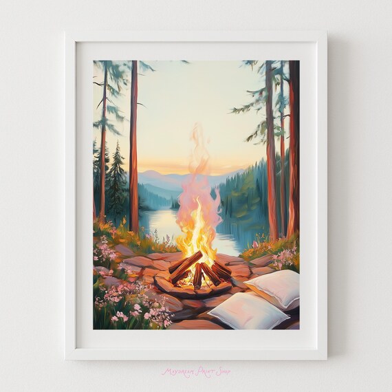 Campfire By The Lake Sunset Cozy Camping Scene Painting Poster