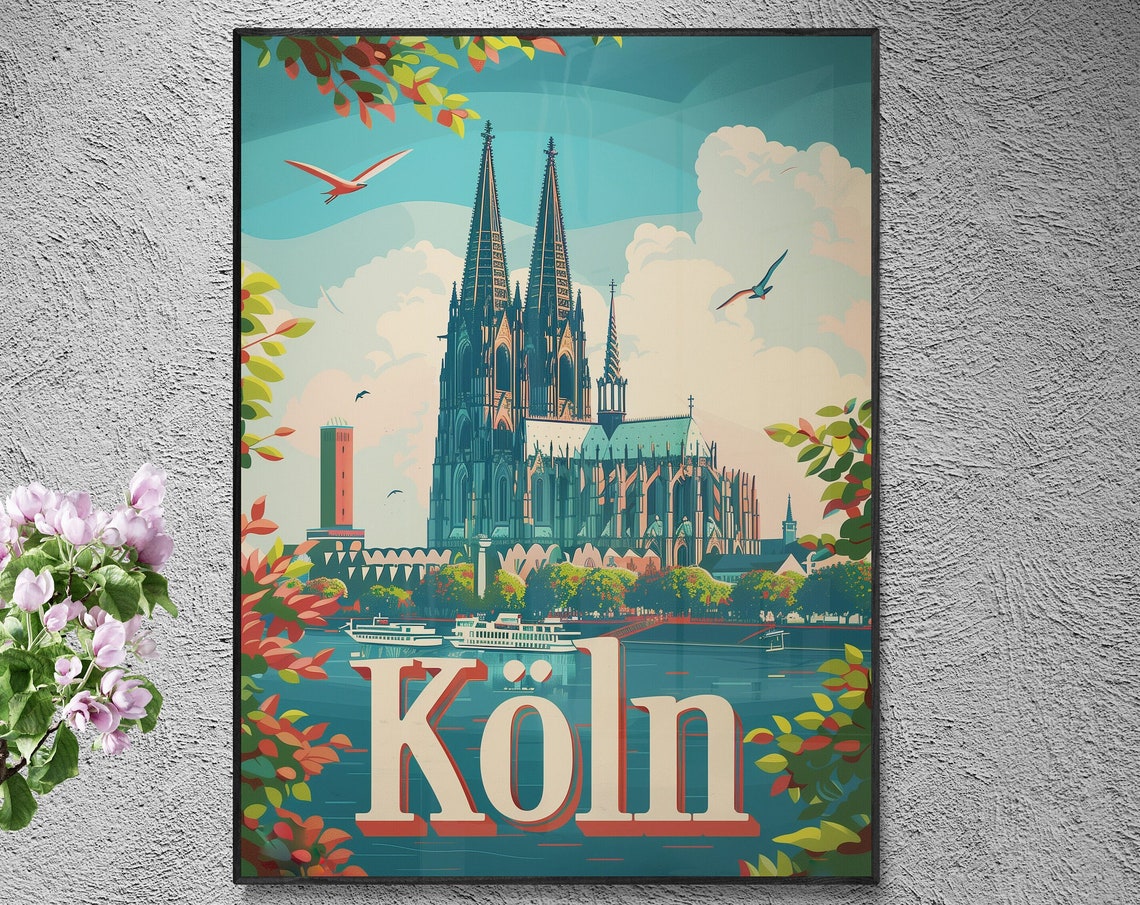 Cologne Cathedral Rhine River Boat Vintage Retro Travel Poster - Image 4