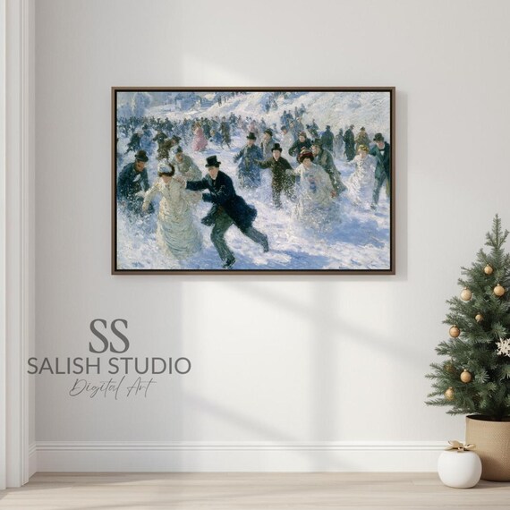 Victorian Crowd Playing in the Snow Winter Impressionist Art Poster