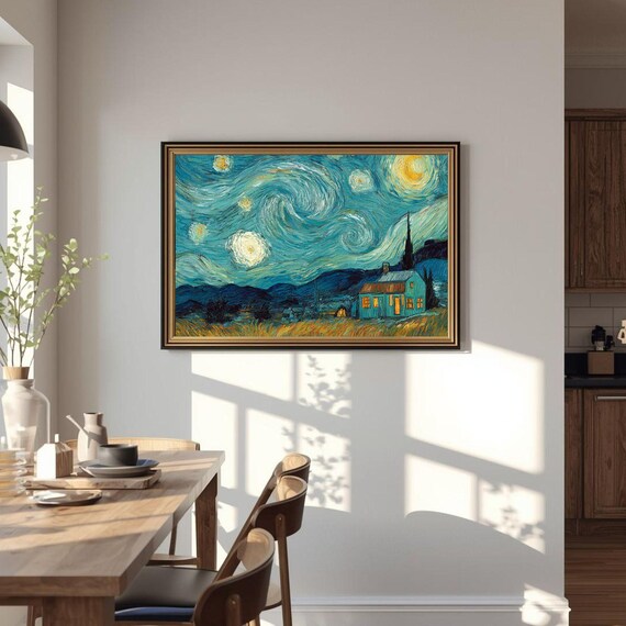 Starry Night Landscape Art Print Vintage Village Scene