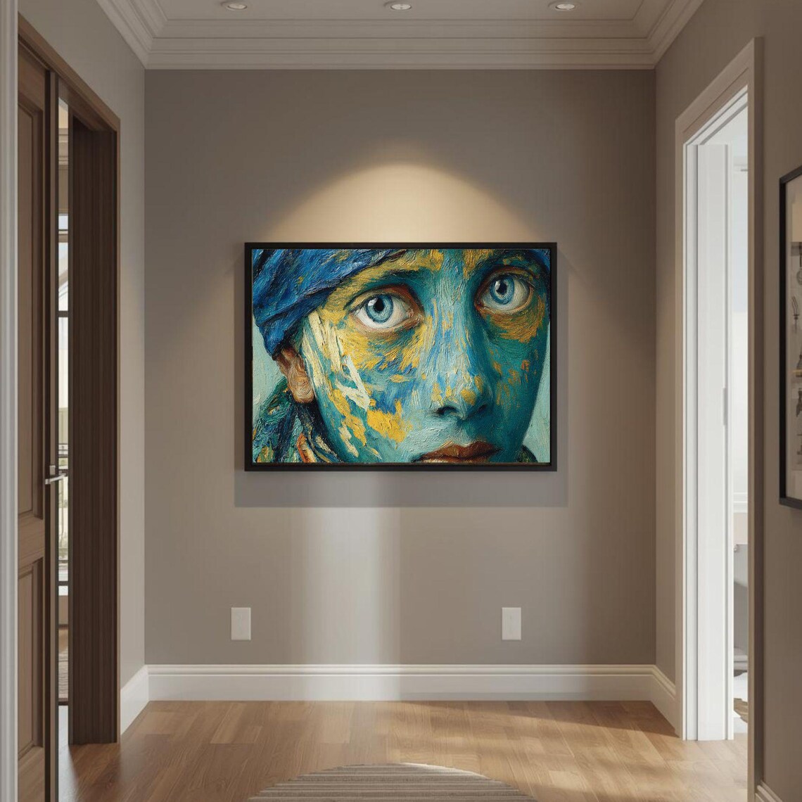 Azure Eyed Abstract Face Blue and Gold Impasto Portrait Poster