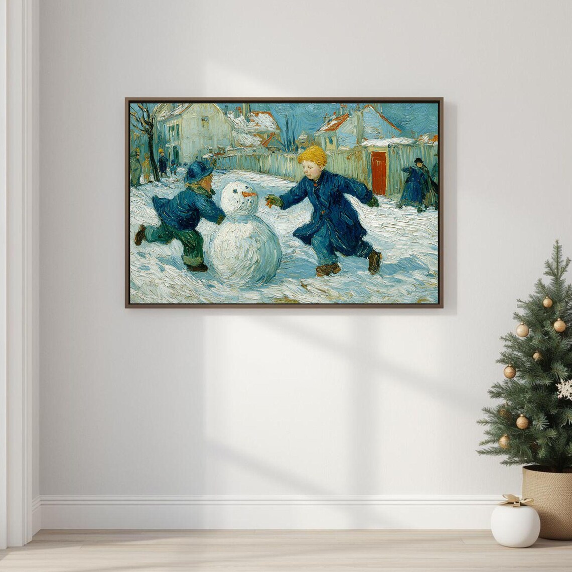 Two Children Building a Snowman Joyful Winter Day Impasto Poster