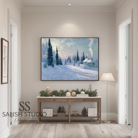 Winter Landscape Print Snowy Evergreen Trees Cozy Scene