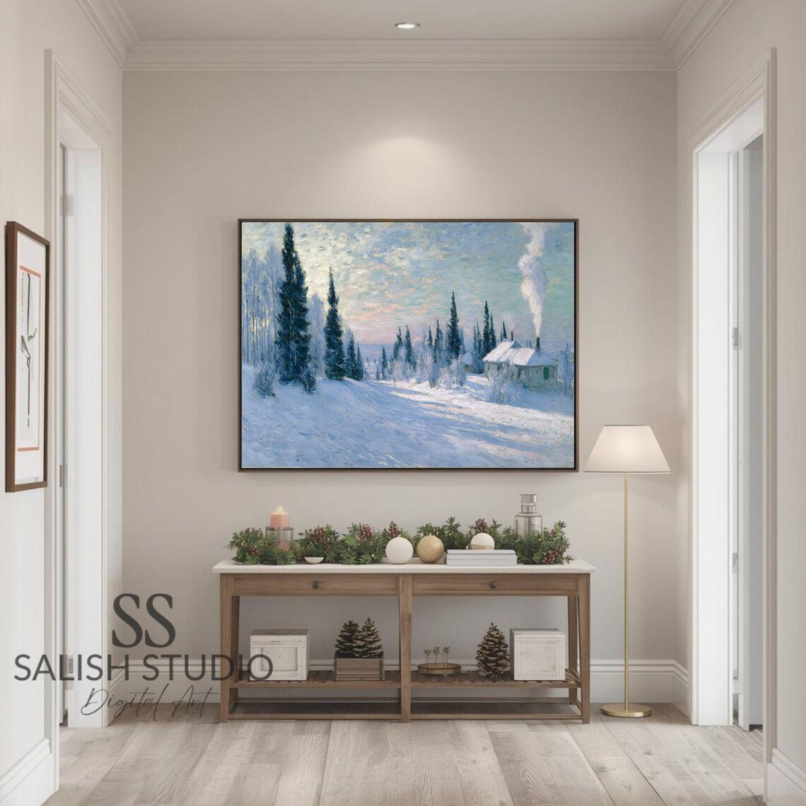 Snowy Evergreen Forest Cabin Chimney Smoke Winter Landscape Poster