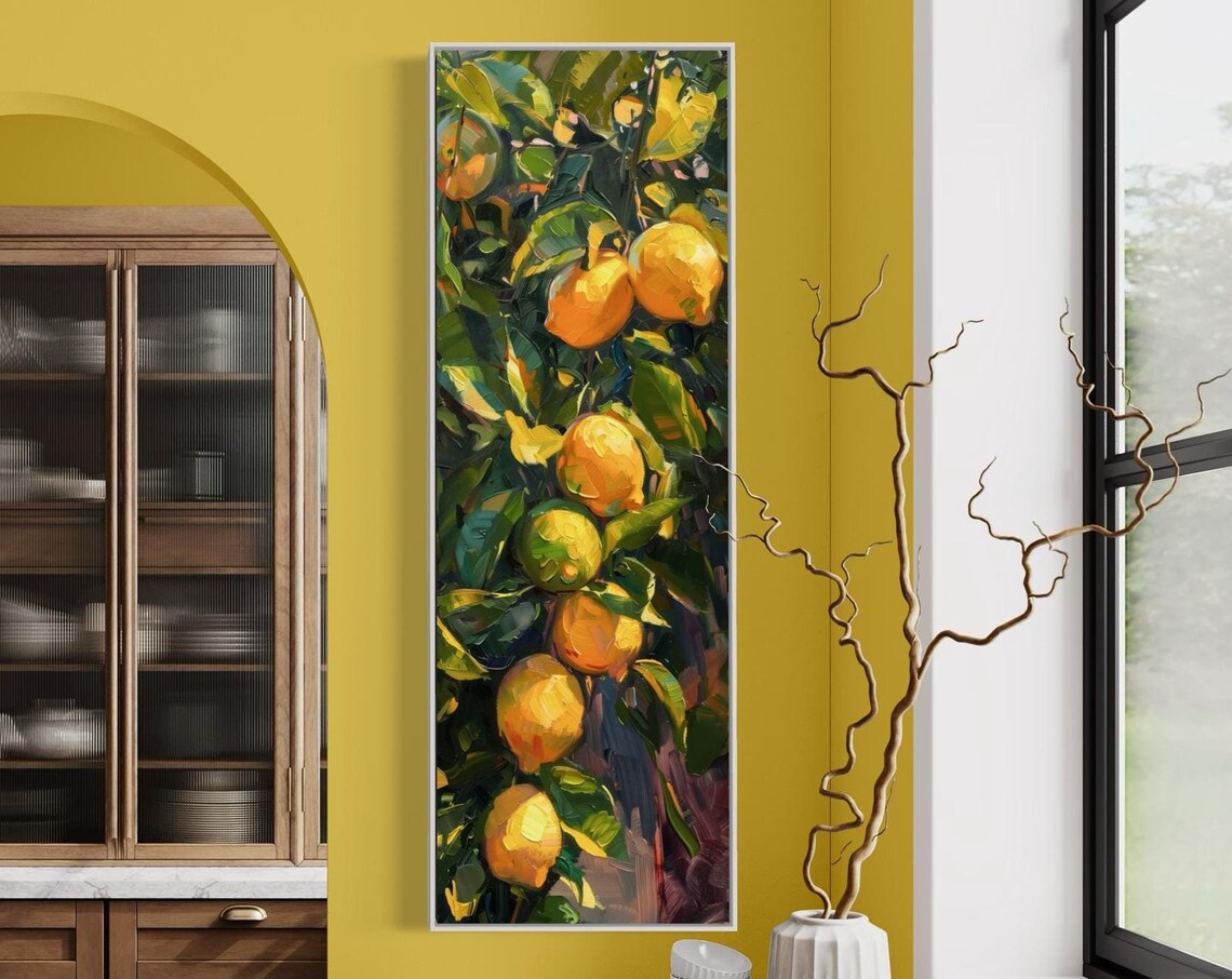 Vibrant Lemon Tree Tall Narrow Impressionist Lemon Wall Art Modern Vertical Fruit Print For Lemon Kitchen Decor