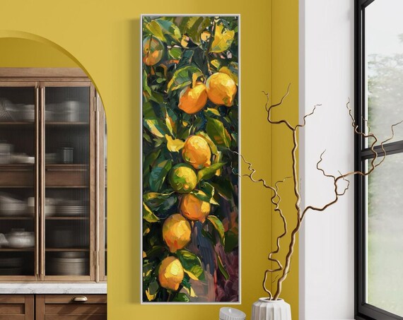Vibrant Lemon Tree Tall Narrow Impressionist Lemon Wall Art Modern Vertical Fruit Print For Lemon Kitchen Decor