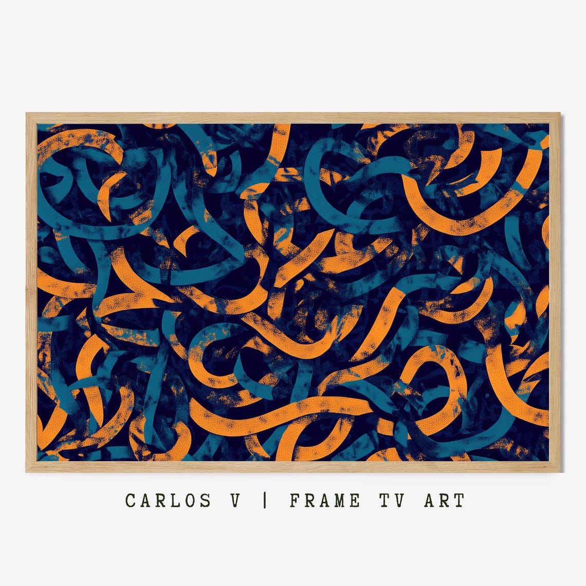 Deep Navy and Burnt Orange Swirling Ribbon Waves Abstract Art Poster