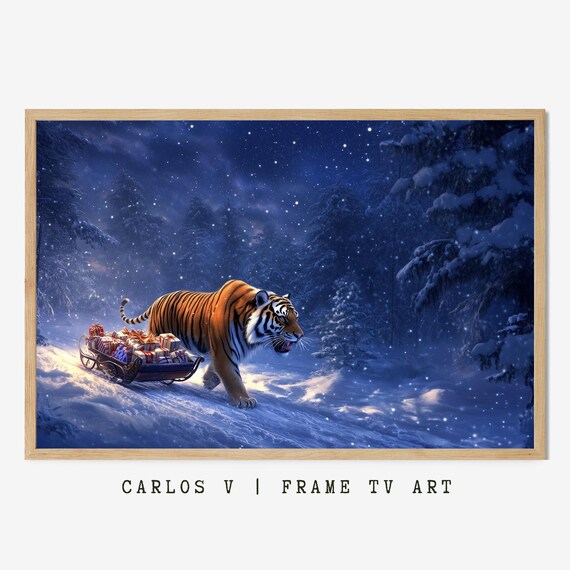 Tiger Pulling Sled Full of Gifts Snowy Night Forest Christmas Art Poster