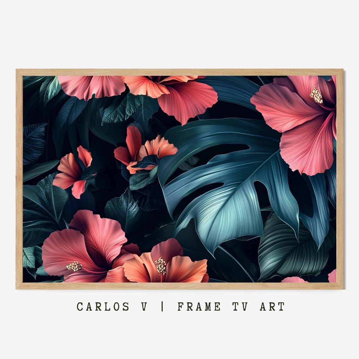 Lush Pink Tropical Hibiscus Garden With Monstera Leaves Wall Art