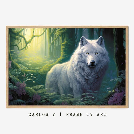 Majestic White Wolf Standing In Mossy Green Forest Light Poster