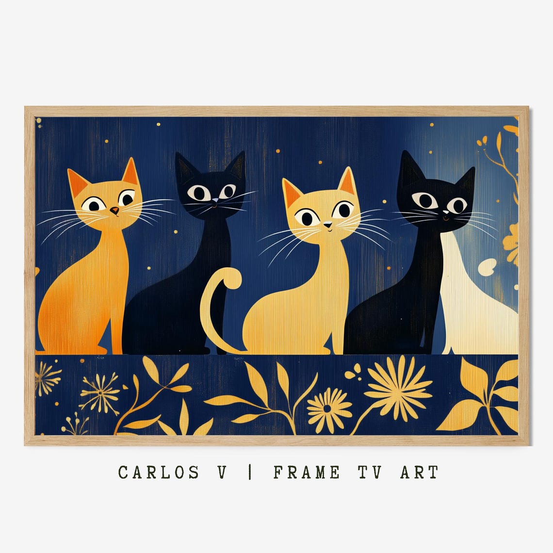 Five Mid Century Stylized Cats with Gold Flowers Night Poster